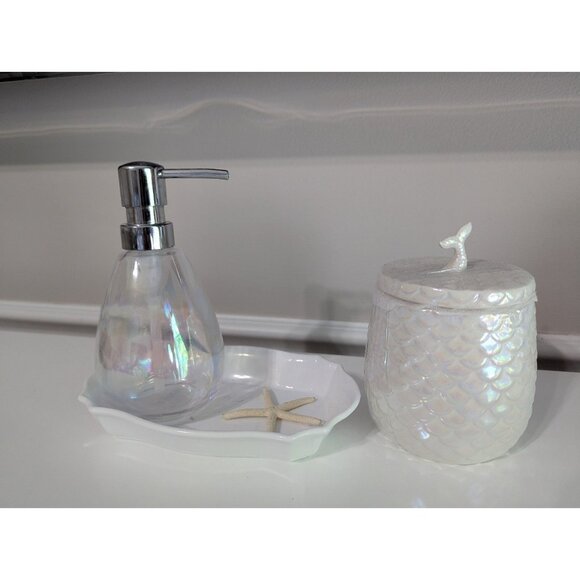 Mermaid tail iridescent bath scale scalloped beach dispenser pump & canister jar - Picture 1 of 4